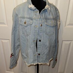 Say What? Light Blue Denim Jacket with Red Floral Accents